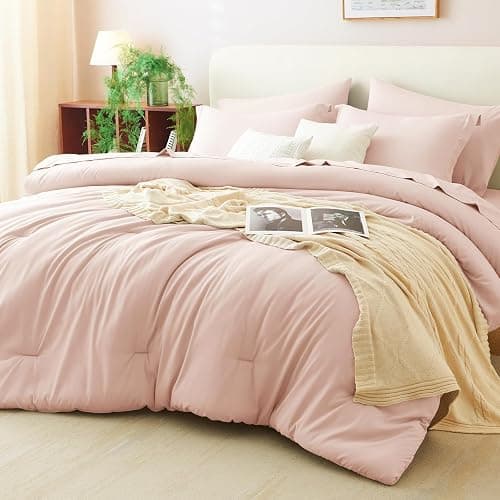 CozyLux Queen Comforter Set Blush Pink, 7 Pieces Bed in a Bag Queen Comforter Set with Sheets, Bedding Sets with Down Alternative Comforter, Fitted Sheets, Flat Sheets, Pillow Shams and Pillowcases - Image 1