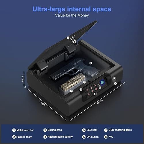 Biometric Gun Safe for Pistols 3-Ways unlock Fingerprint Digital PIN Key Unlock Handgun Safe with Sound, Lock box for Cloakroom living room Bedroom Nightstand and Car BILLCONCH thumbnail 7