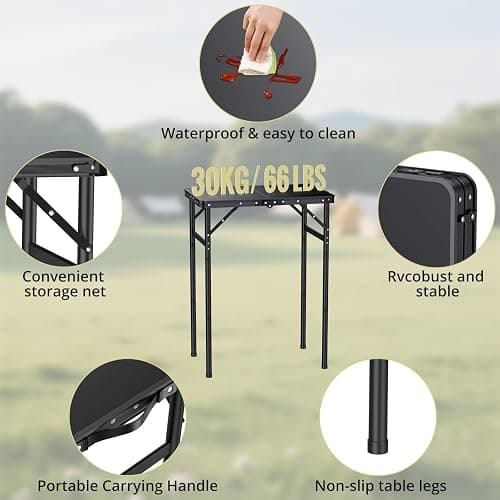 Anbte 2ft Folding Camping Table Max 29.5", 3 Adjustable Height Aluminum Small Folding Table with Storage Net & Portable Handle, Lightweight, for Travel Outdoor Beach Picnic Camp, 23.2" x 16", Black thumbnail 4
