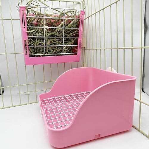 WEWAYKGJ Rabbit Litter Box Bunny Potty Box Guinea Pig Hay Rack Feeder Rabbits Corner Litter Pan Potty Trainer Pet Toilet with Cleaning Set for Hamster, Guinea Pig, Ferret and Other Animals (Pink) - Pink thumbnail 5