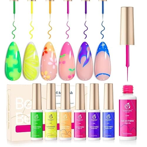 beetles Gel Polish Nail Art Gel Liner Set 6 Neon Gel Nail Polish Colors Hot Pink Orange Blue Yellow Paint for Nails Built Thin Brush in Bottle Soak off Uv LED Lamp Rainbow Nails Summer - Image 1