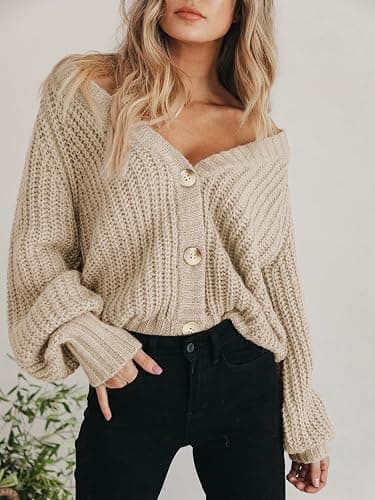 PRETTYGARDEN Women's Chunky Knit Open Front Sweater Long Sleeve Button Loose Short Cardigan Outerwear Coats thumbnail 5