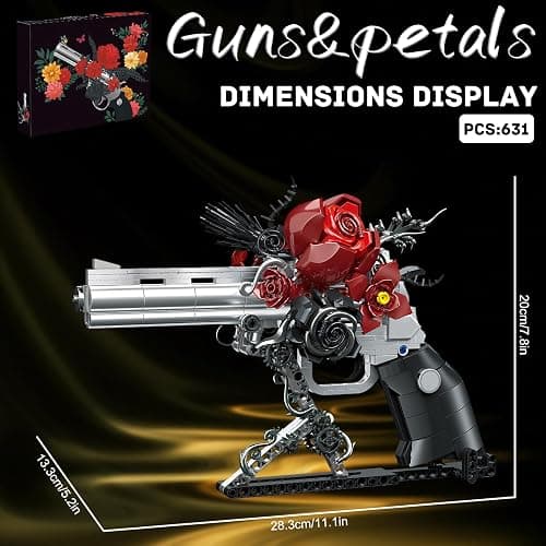 GHQYTPR Guns & Petals Decorative Revolver Building Blocks with Red Roses Gothic Rose Revolver Building Kit Gothic Style Display Piece Creative Gift for Adults Teens 631 PCS thumbnail 3