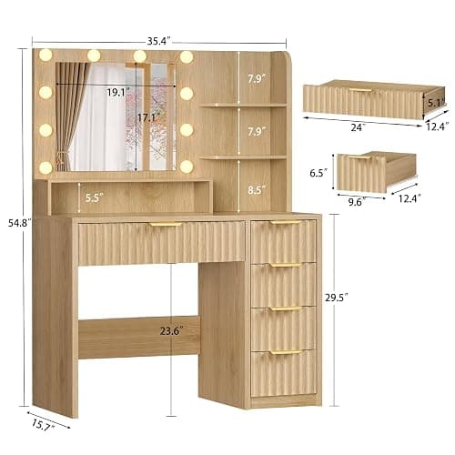 FIONESO Vanity Desk with Mirror and Lights, Makeup Vanity with 5 Drawers & Storage Shelves, 3 Color Modes & Adjustable Brightness, Fluted Vanity for Girls, Natural thumbnail 2