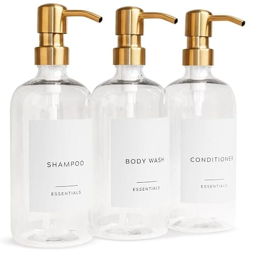 Stylish Shampoo and Conditioner Dispenser Set of 3 - Modern 21oz Shower Soap Bottles with Pump and Labels - Easy to Refill Body Wash Dispensers for an Instant Bathroom Decor Upgrade Clear thumbnail 8