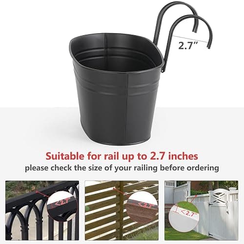 Dahey 10.5 Inch Metal Iron Hanging Flower Pots for Railing Fence Hanging Bucket Pots Countryside Style Window Flower Plant Holder with Detachable Hooks Home Decor,Black,3 Pcs thumbnail 6