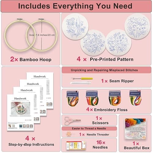 VIVIDOX 4 Sets Embroidery Kit for Beginners with Stitch Video, Flower Cross Stitch Kits for Adults, Starter, Hand Craft Lover Practice with Floral Stamped Pattern, 2 Hoops, 16 Needles, Scissors, Tools thumbnail 2