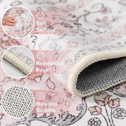 Brakki Pink 5x7 Area Rugs for Living Room, Washable Vintage Boho Rug Non Slip for Bedroom Kitchen Office, Low Pile Soft Stain Resistant Carpet Floor Indoor Laundry Dining Room thumbnail 5