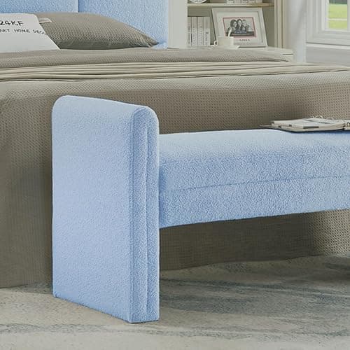 24KF Modern Upholstered Bed Bench Covered with Soft Boucle Teddy Fabric, Lovely Entryway Bench Ottoman with Armrest, 5062-Light Blue thumbnail 6
