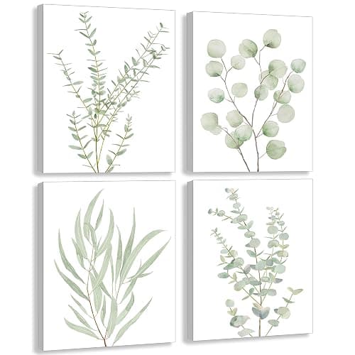 Erctoo Botanical Plant Canvas Wall Art, Framed Boho Wall Decor for Bathroom, Minimalist Aesthetic Bedroom Wall Art, Sage Green Eucalyptus Leaf Prints for Office, Set of 4PCS, 8”X10” - Image 1