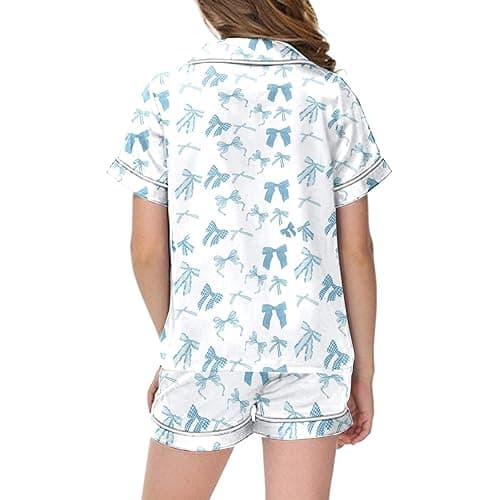 Pink Puff 2 Piece Outfits for Girls Bow Printed Pajam𝙖 Set Silk Lapel Button Down Short Sets Cute Preppy Clothing Sets 2-13Y thumbnail 6