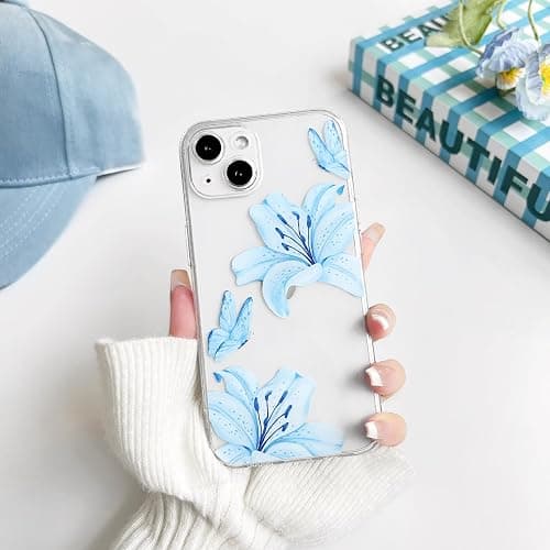 NITITOP Compatible with iPhone 13 Mini Case Clear Cute Butterfly Lily Flower Floral Pattern for Women Girls Full Camera Lens Clear Slim Shockproof Protective Phone Cover - Blue thumbnail 4