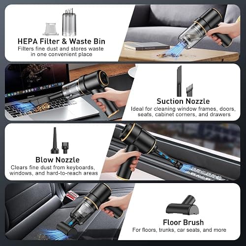 KMM Handheld Car Vacuum Cleaner, 9000PA Vacuum Cleaner & Air Duster, 120W High Power Vacuum Portable Cordless, Hand Held Vacuum Rechargeable with Multi-Nozzles & LED Light for Home, Car, Office thumbnail 5