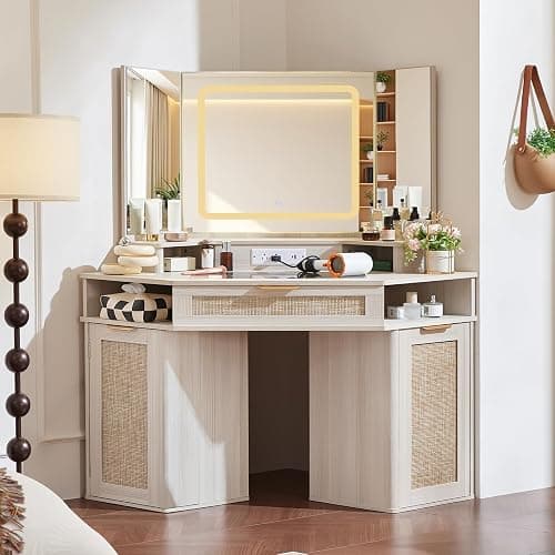 Lerliuo Corner Vanity Desk with 3 Way Mirror and Lights, 46'' Rattan Makeup Vanity with Glass Top Drawer, Boho White Make Up Storage Cabinets with Charger for Bedroom - Image 1