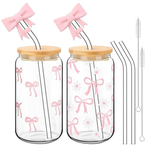 Skylety Set of 2 Coquette Bow Glass Cup 16oz Pink Glass Cup with Lids and Straws Reusable Pink Bow Silicone Straw Toppers Lids Protectors 2 Brush for Drinking Coffee Tea Cocktail(Bow) - Image 1