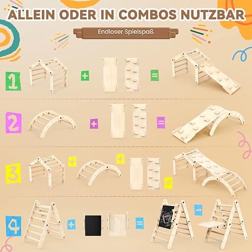Woodure 7-in-1 Montessori Klettergerüst Indoor Set, Verformbares Kletterdreieck mit Rutsche & Kletterbogen, Hölzernes Pikler Dreieck zum Baby Klettern, Klettergerüst Montessori Spielzeug ab 1-6 Jahre thumbnail 2