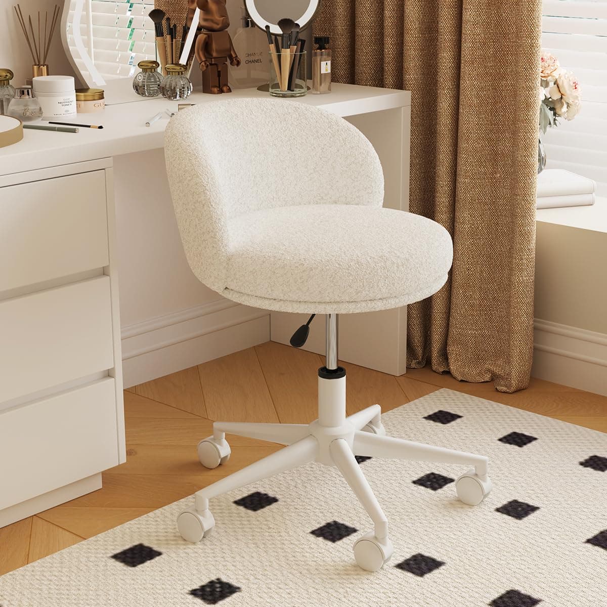 Armless Vanity Chair with Back,360°Swivel Makeup Chairs Small Office Chair with Wheels,Height Adjustable Computer Task Chair for Bedroom,Living Room,White - Image 1