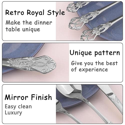 Retro Royal Silverware Set With Gift Box, 60-Pieces Cutlery Set Utensils Stainless Steel Flatware For 12 MIKIWAY Kitchen Tableware Set For Gifts Festive, Dishwasher Safe, Mirror Polishing thumbnail 4