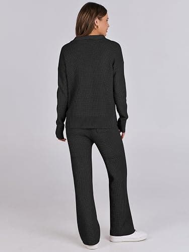 ANRABESS Women Two Piece Outfits Sweater Sets Lounge Waffle Knit Pullover Matching Wide Leg Pants Tracksuit 2025 Fall Fashion thumbnail 2