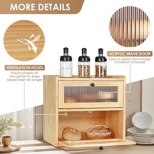 Sunhoo Bread Box for Kitchen Countertop Wooden Bread Storage Container Bin 2 Layer Breadbox Holder Large Capacity Keeper Vintage Farmhouse Food Organizer Pantry Shelf Acrylic Window（Wood color） thumbnail 4