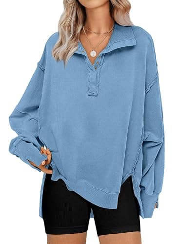 SHEWIN Womens Reverse Seam Snap-Button Henley Sweatshirt Casual Loose High Low Split Pullover Tops - Image 1