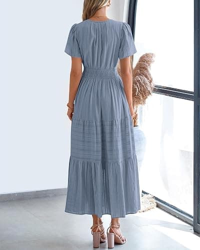 BTFBM Womens Summer 2025 Casual Midi Maxi Dresses Lightweight Short Sleeve V Neck Elastic Waist Boho Beach Dress Pockets thumbnail 3