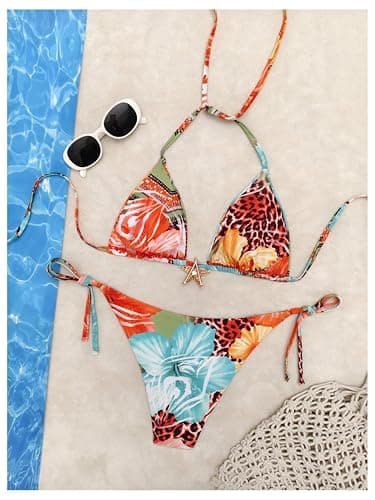 RoseSeek Women's 2 Piece Leopard Floral Bikini Sets Halter Triangle String Bathing Suit Starfish Metal Swimsuits thumbnail 2