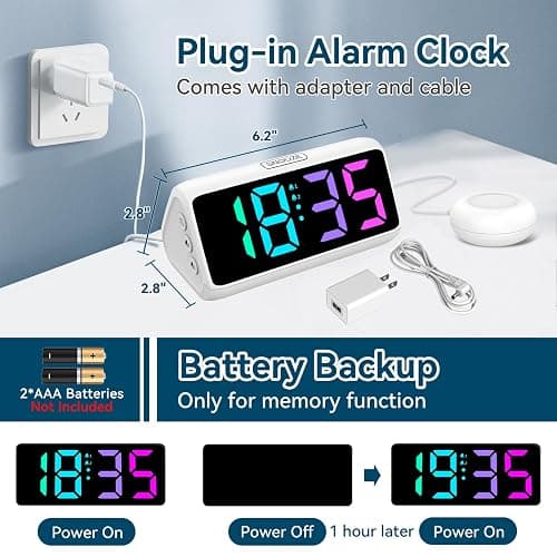 Netzu Loud Alarm Clock for Heavy Sleepers, Plug-in RGB Vibrating Alarm Clocks with Bed Shaker, 5 Dimmers, 2 Alarms and Snooze for Bedrooms Hearing Impaired Deaf Adults (White) thumbnail 7