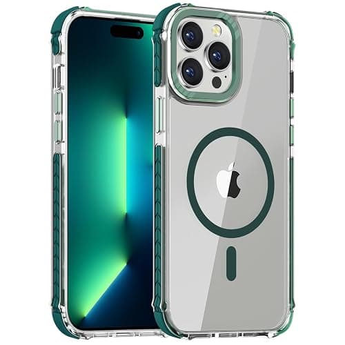 DEERLAMN Strong Magnetic Case for iPhone 14 Pro Max 6.7-Inch,[Compatible with Magsafe][Military Grade Drop Protection] Clear Slim Shockproof Protective Phone Cover-Transparent+Green - Image 1