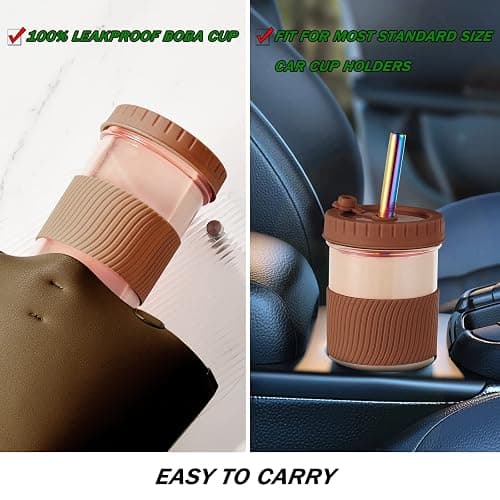 Amyoole 2 Pack Reusable Boba Cup,24Oz Wide Mouth Smoothie Cup,mason Jar Glass Cups with Lids and Straws,Bubble/Boba Tea Cups,Ice Coffee Tumbler 2 colored straws 1 sponge brush(Brown) thumbnail 6