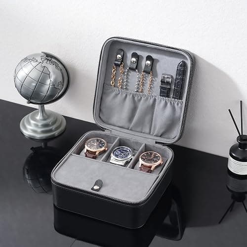 ProCase Travel Watch Case, 3 Slots Mens Jewelry Box -Black | PU Leather Storage Case for Watches, Cufflinks and Accessories, Zippered Carrying Organizer Bag for Man thumbnail 6