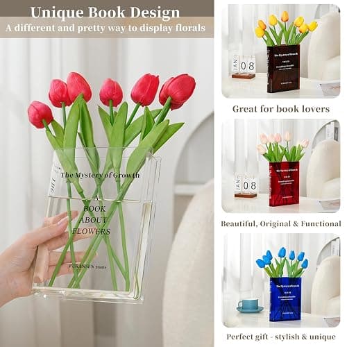 Puransen Clear Book Flower Vase - Floral Bookshelf Decor, Acrylic Flower Holder & Space-Saving Organizer, Modern Home Office/Study Desk Minimalist Aesthetic (Not Including Flowers) thumbnail 3
