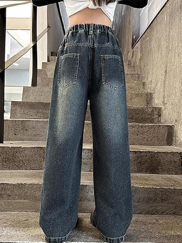 Rolanko Girls Jeans Bootcut Ripped Elasticated Waist Retro Style Denim Pants for Kids Fit - 6-7 Years - Blue Hairyheart thumbnail 3