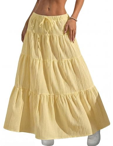 DERAX Women's Boho Flowy White Maxi Skirt Ruffle Elastic Waist Long Skirts | Flared, Summer, A Line, High Waisted, 2026 Spring, Fall, Drawstring, Casual, Beach, Vacation, Midi Skirt with Lining - Image 1