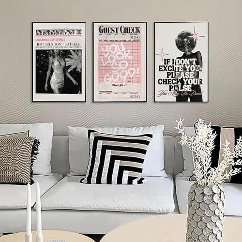 Vintage Pink Canvas Wall Art Set of 3 Funky Hot Girl Pictures You Look So Good Poster Preppy Trendy Paintings Home Wall Decor Aesthetic Disco Ball Bar Cart Prints for Apartment Dorm (12x16in) Unframed thumbnail 7