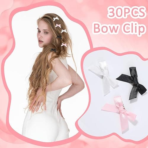 30 Stück Mini Schleife Haarspangen, Süß Haarschleife Haarschmuck Satinschleifen Haarclips Niedlich Einfarbig Hair Accessories Klein Haarklammern für Damen Mädchen Frauen Kinder(Rosa+Schwarz+Weiß) thumbnail 4