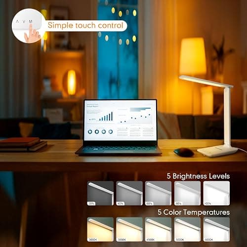 karidi LED Desk Lamp with Wireless Charger, Dimmable Table Lamp Reading Lamp with USB Charging Port, 5 Lighting Modes, Sensitive Control, Foldable Portable Desk Light for Home Office Bedroom Reading - White Pro thumbnail 2