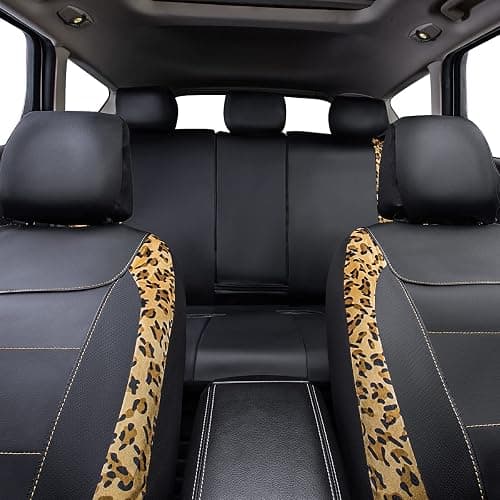 Flying Banner car seat Covers Protects Leopard Printing Velvet Faux Leather Carbon Fiber Front and Rear Bench (Leopard Brown Black, Full Set - 8PCS) thumbnail 6