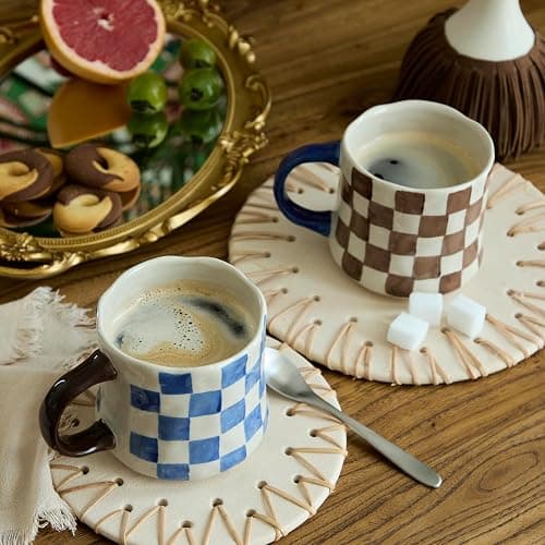 Hand-Painted Ceramic Coffee Mugs Set of 4 – 16oz Large Capacity Artistic Tea Cups with Checkerboard & Striped Patterns, Microwave & Dishwasher Safe for Home, Office, Kitchen (Summer Vibes Collection) thumbnail 2