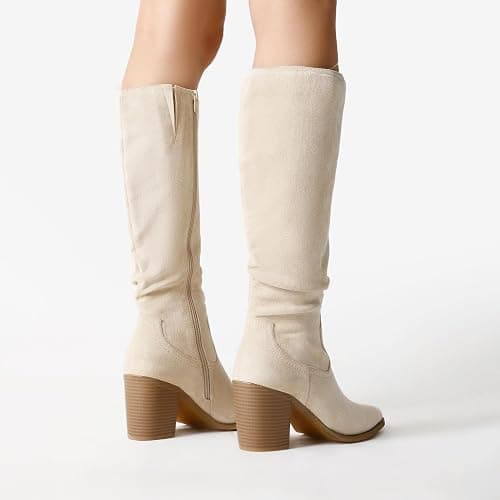 DREAM PAIRS Women's Knee-High Boots, Comfortable Chunky Block Heel Pointed Toe Pull On Side Zipper Suede Slouch Riding Boots thumbnail 7