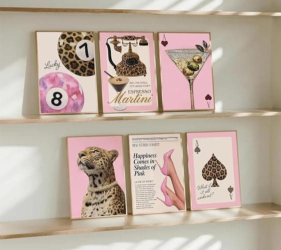 6Pcs Trendy Pink Leopard Wall Art Vintage Preppy Posters Prints Y2k Luxury Aesthetic Wall Decor Pictures Lucky 8 Ball Cheetah Painting for Girls Bedroom Dorm Decorate 12x16in Unframed thumbnail 4