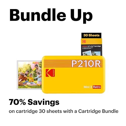 Kodak Mini 2 Retro 4PASS Portable Photo Printer, 2.1x3.4 inches, 38 Sheets Bundle, White thumbnail 2