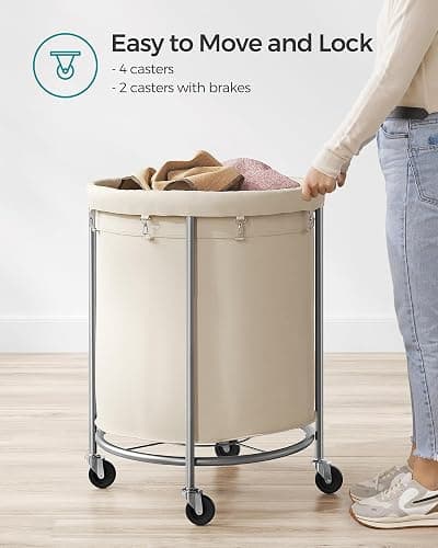 SONGMICS 50.2-Gallon (190 L) Laundry Basket with Wheels, Rolling Round Heavy-Duty Laundry Hamper Cart with Steel Frame and Removable Bag, 2 Locking Wheels, Cream White and Metallic Silver URLS01MZ thumbnail 8