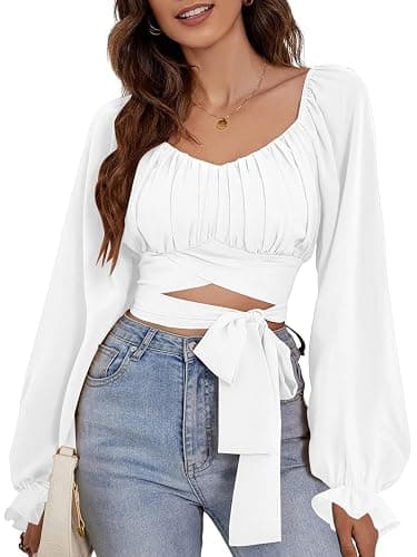 Rooscier Women's Ruched Wrap Square Neck Flounce Long Sleeve Self Tie Crop Top Blouse - Image 1