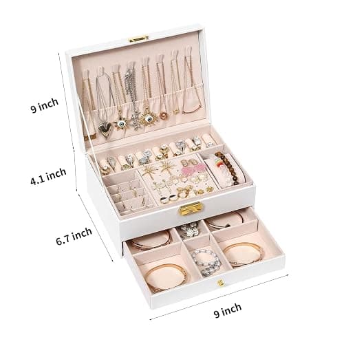 GUOER Jewelry Box for Women Girl Wife - Large PU Leather Jewelry Organizer Storage Case with Two Layers Display for Earrings Bracelets Rings Watches (White) thumbnail 3