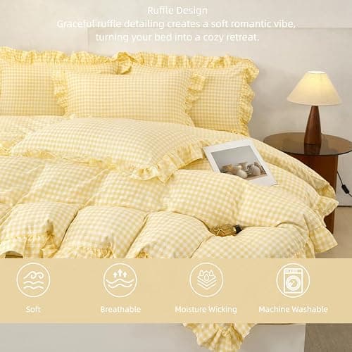 SUCSES Yellow Gingham Ruffle Comforter Set for Kids Twin 5 Pieces Ruffled Plaid Bedding for All Seasons Soft Lightweight Grid Printed Bed Comforter Sets (Yellow Gingham, Twin) thumbnail 4