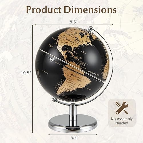 Toolsempire 8" World Globe, Black Earth Globe with Gold Accents, Metal Stand, Non-slip Base & Time Zone, Decorative Tabletop Desk Globes for Classroom, Office & Home thumbnail 3