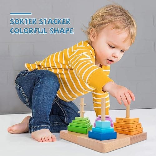 Adena Montessori 4-in-1 Shape Color Sorting Toy for Toddlers - Wooden Educational Toy With Detachable Bases, Gradients of Colors and Shapes for 12-18 Months thumbnail 3