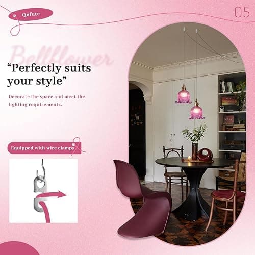 Qufute Hanging Swag Plug in Pendant Light Flower Shaped Purple Glass Plug Pendant Lamp with 15 ft Switch Cord Plug in Vintage Industrial Hanging Light for Kitchen Bedroom Background thumbnail 6