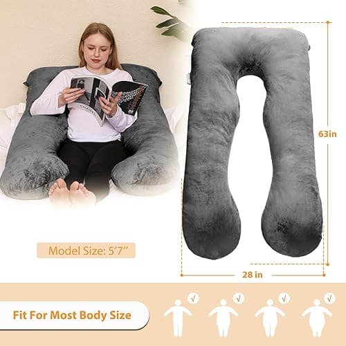 Chilling Home 63in Large Full Body Pillow for Adults, Pregnancy Pillow for Sleeping, Maternity Pillow for Pregnant Women, Comfort U Shaped Pregnancy Pillow with Removable Washable Velvet Cover, Black - 63*28 - Dark Grey thumbnail 3